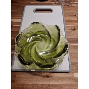 MID CENTURY FENTON TEXTURED HEAVY GREEN GLASS SWIRL ASHTRAY Candy Dish VTG 8 "